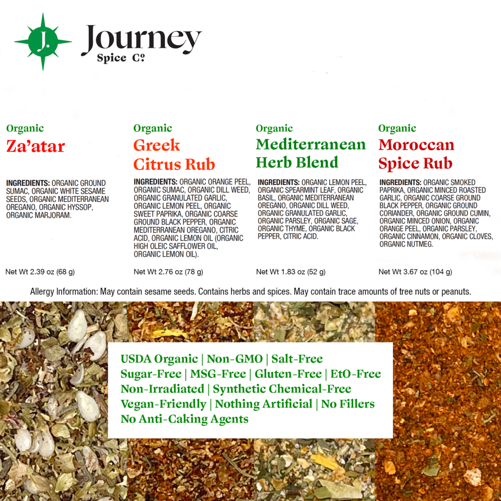 Journey Spice Co. organic Mediterranean Spice Seasoning Gift Set list of ingredient information. 