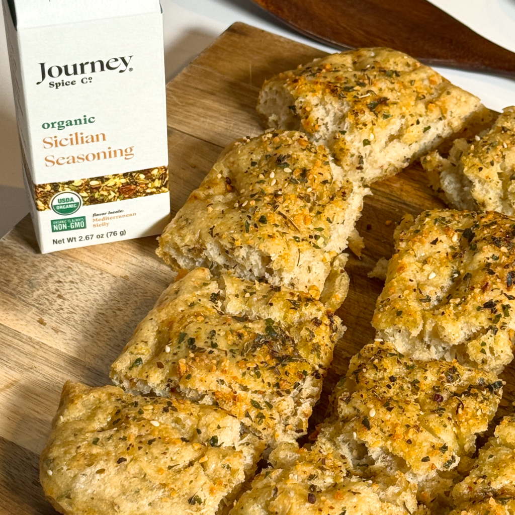 Sicilian Focaccia Bread made with Journey Spice Co. Organic Sicilian Seasoning  
